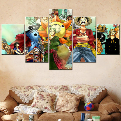 One Piece Canvas Wall Art - Luffy Zoro Sanji Straw Hat Crew 5 Piece Split Panel Anime Poster - Framed Ready to Hang Living Room & Man Cave Decor - OP5125