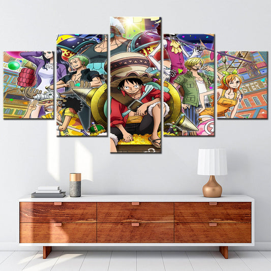 One Piece Canvas Wall Art - Luffy Zoro Sanji Straw Hat Crew 5 Piece Split Panel Anime Poster - Framed Ready to Hang Living Room & Man Cave Decor - OP5126