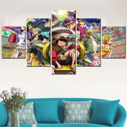 One Piece Canvas Wall Art - Luffy Zoro Sanji Straw Hat Crew 5 Piece Split Panel Anime Poster - Framed Ready to Hang Living Room & Man Cave Decor - OP5126