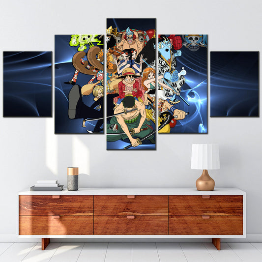 One Piece Canvas Wall Art - Luffy Zoro Sanji Straw Hat Crew 5 Piece Split Panel Anime Poster - Framed Ready to Hang Living Room & Man Cave Decor - OP5127