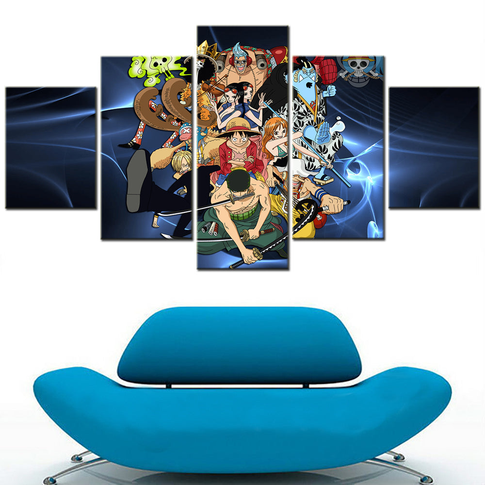One Piece Canvas Wall Art - Luffy Zoro Sanji Straw Hat Crew 5 Piece Split Panel Anime Poster - Framed Ready to Hang Living Room & Man Cave Decor - OP5127