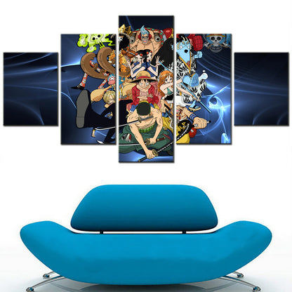One Piece Canvas Wall Art - Luffy Zoro Sanji Straw Hat Crew 5 Piece Split Panel Anime Poster - Framed Ready to Hang Living Room & Man Cave Decor - OP5127