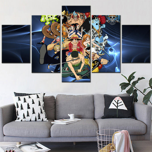 One Piece Canvas Wall Art - Luffy Zoro Sanji Straw Hat Crew 5 Piece Split Panel Anime Poster - Framed Ready to Hang Living Room & Man Cave Decor - OP5127