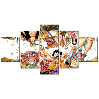 One Piece Canvas Wall Art - Luffy Zoro Sanji Straw Hat Crew 5 Piece Split Panel Anime Poster - Framed Ready to Hang Living Room & Man Cave Decor - OP5128