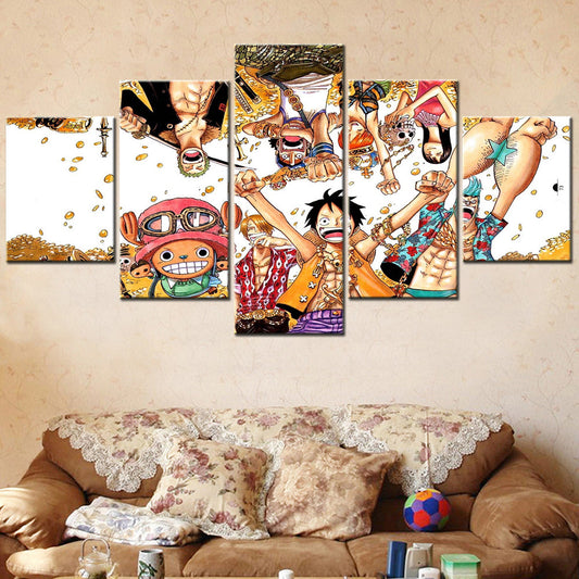 One Piece Canvas Wall Art - Luffy Zoro Sanji Straw Hat Crew 5 Piece Split Panel Anime Poster - Framed Ready to Hang Living Room & Man Cave Decor - OP5128