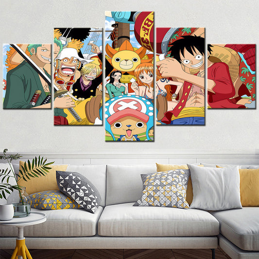 One Piece Canvas Wall Art - Luffy Zoro Sanji Straw Hat Crew 5 Piece Split Panel Anime Poster - Framed Ready to Hang Living Room & Man Cave Decor - OP5129