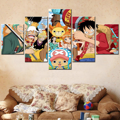 One Piece Canvas Wall Art - Luffy Zoro Sanji Straw Hat Crew 5 Piece Split Panel Anime Poster - Framed Ready to Hang Living Room & Man Cave Decor - OP5129