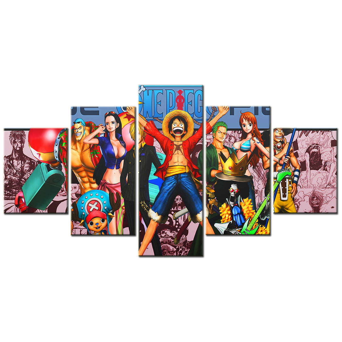 One Piece Canvas Wall Art - Luffy Zoro Sanji Straw Hat Crew 5 Piece Split Panel Anime Poster - Framed Ready to Hang Living Room & Man Cave Decor - OP5130