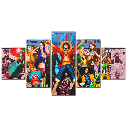 One Piece Canvas Wall Art - Luffy Zoro Sanji Straw Hat Crew 5 Piece Split Panel Anime Poster - Framed Ready to Hang Living Room & Man Cave Decor - OP5130