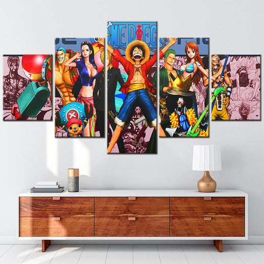 One Piece Canvas Wall Art - Luffy Zoro Sanji Straw Hat Crew 5 Piece Split Panel Anime Poster - Framed Ready to Hang Living Room & Man Cave Decor - OP5130
