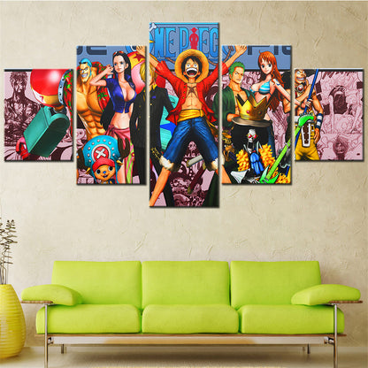 One Piece Canvas Wall Art - Luffy Zoro Sanji Straw Hat Crew 5 Piece Split Panel Anime Poster - Framed Ready to Hang Living Room & Man Cave Decor - OP5130