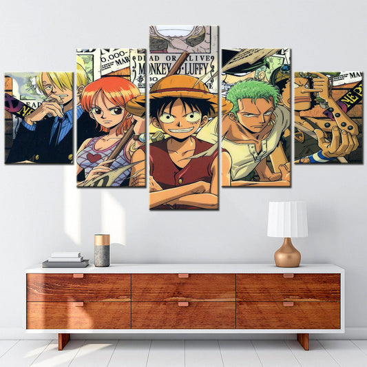 One Piece Canvas Wall Art - Luffy Zoro Sanji Straw Hat Crew 5 Piece Split Panel Anime Poster - Framed Ready to Hang Living Room & Man Cave Decor - OP5131