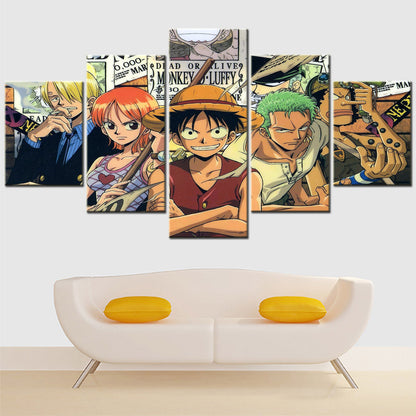 One Piece Canvas Wall Art - Luffy Zoro Sanji Straw Hat Crew 5 Piece Split Panel Anime Poster - Framed Ready to Hang Living Room & Man Cave Decor - OP5131