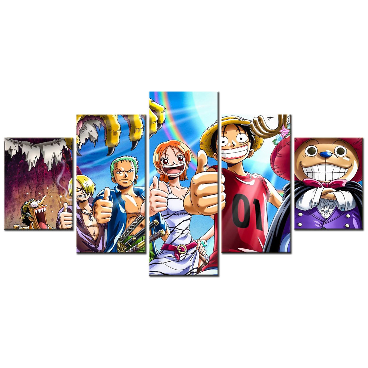One Piece Canvas Wall Art - Luffy Zoro Sanji Straw Hat Crew 5 Piece Split Panel Anime Poster - Framed Ready to Hang Living Room & Man Cave Decor - OP5132