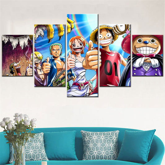 One Piece Canvas Wall Art - Luffy Zoro Sanji Straw Hat Crew 5 Piece Split Panel Anime Poster - Framed Ready to Hang Living Room & Man Cave Decor - OP5132