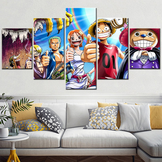 One Piece Canvas Wall Art - Luffy Zoro Sanji Straw Hat Crew 5 Piece Split Panel Anime Poster - Framed Ready to Hang Living Room & Man Cave Decor - OP5132