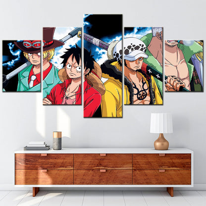 One Piece Canvas Wall Art - Luffy Zoro Law Sabo 5 Piece Split Panel Anime Poster - Framed Ready to Hang Living Room & Man Cave Decor - OP5133
