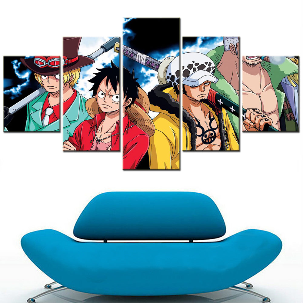 One Piece Canvas Wall Art - Luffy Zoro Law Sabo 5 Piece Split Panel Anime Poster - Framed Ready to Hang Living Room & Man Cave Decor - OP5133