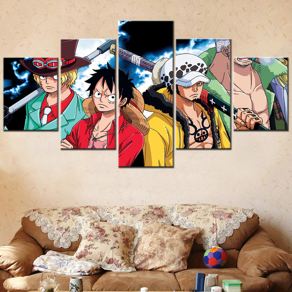 One Piece Canvas Wall Art - Luffy Zoro Law Sabo 5 Piece Split Panel Anime Poster - Framed Ready to Hang Living Room & Man Cave Decor - OP5133