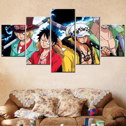 One Piece Canvas Wall Art - Luffy Zoro Law Sabo 5 Piece Split Panel Anime Poster - Framed Ready to Hang Living Room & Man Cave Decor - OP5133