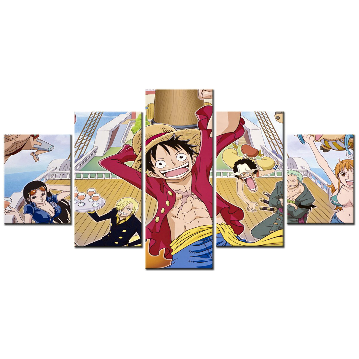 One Piece Canvas Wall Art - Luffy Zoro Sanji Straw Hat Crew 5 Piece Split Panel Anime Poster - Framed Ready to Hang Living Room & Man Cave Decor - OP5135