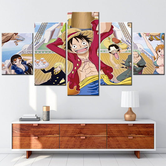 One Piece Canvas Wall Art - Luffy Zoro Sanji Straw Hat Crew 5 Piece Split Panel Anime Poster - Framed Ready to Hang Living Room & Man Cave Decor - OP5135