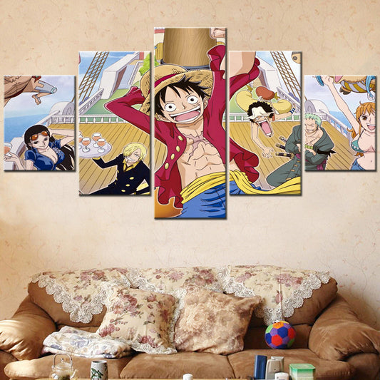 One Piece Canvas Wall Art - Luffy Zoro Sanji Straw Hat Crew 5 Piece Split Panel Anime Poster - Framed Ready to Hang Living Room & Man Cave Decor - OP5135