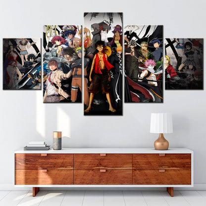 One Piece & Naruto Crossover Canvas Wall Art - Luffy, Zoro, Naruto, Kakashi 5 Piece Split Panel Anime Poster - Framed Ready to Hang Living Room & Man Cave Deco - OP5137