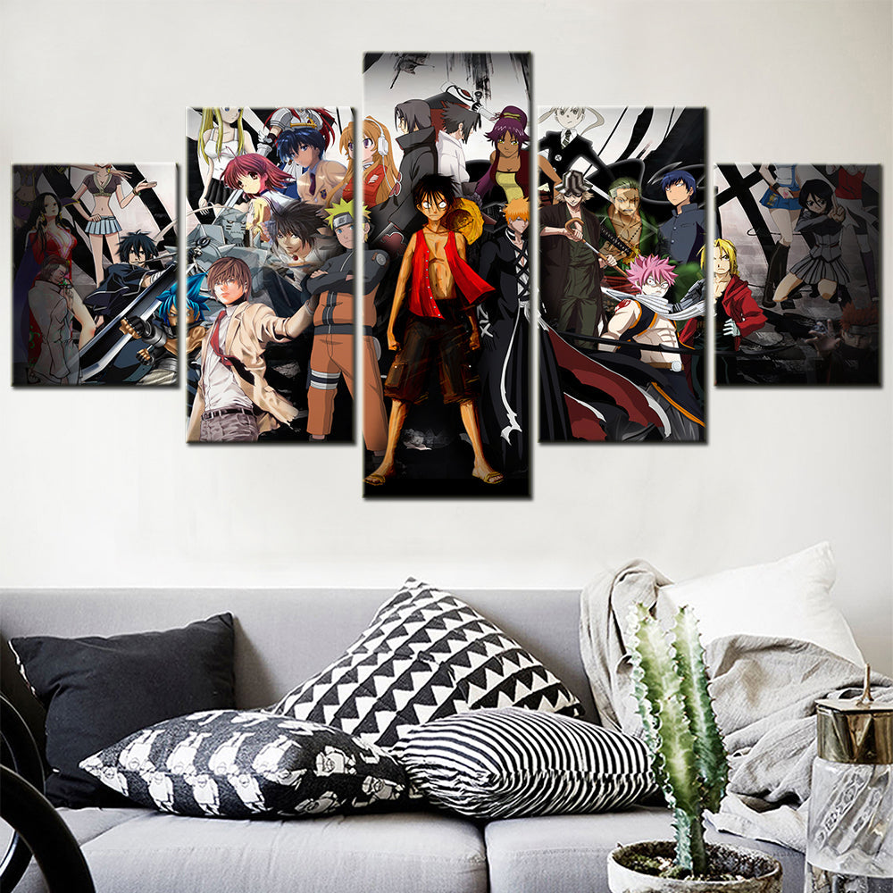 One Piece & Naruto Crossover Canvas Wall Art - Luffy, Zoro, Naruto, Kakashi 5 Piece Split Panel Anime Poster - Framed Ready to Hang Living Room & Man Cave Deco - OP5137