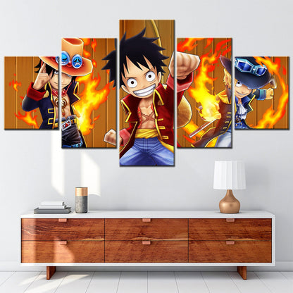 One Piece Canvas Wall Art - Luffy Sabo Eustass Kid 5 Piece Split Panel Anime Poster - Framed Ready to Hang Living Room & Man Cave Decor - OP5139