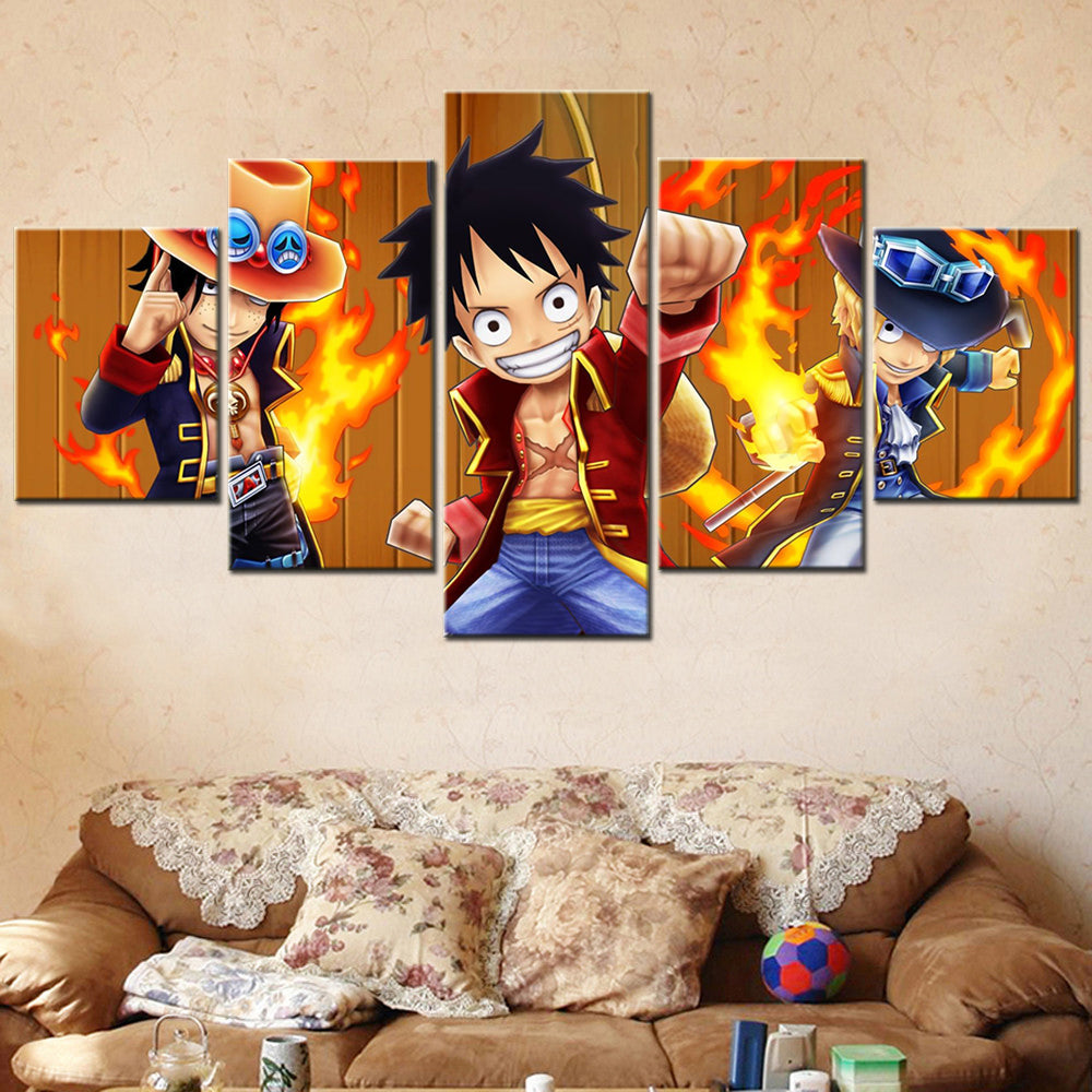 One Piece Canvas Wall Art - Luffy Sabo Eustass Kid 5 Piece Split Panel Anime Poster - Framed Ready to Hang Living Room & Man Cave Decor - OP5139