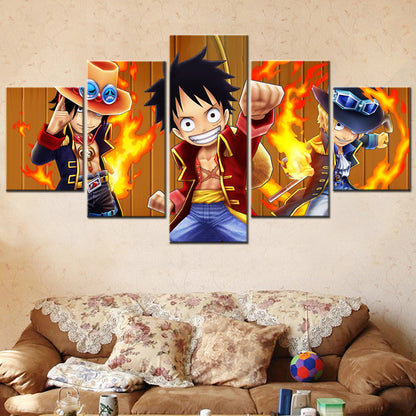 One Piece Canvas Wall Art - Luffy Sabo Eustass Kid 5 Piece Split Panel Anime Poster - Framed Ready to Hang Living Room & Man Cave Decor - OP5139