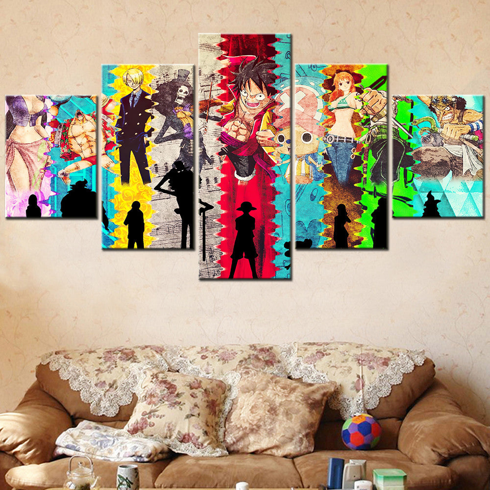 One Piece Canvas Wall Art - Luffy Zoro Sanji Straw Hat Crew 5 Piece Split Panel Anime Poster - Framed Ready to Hang Living Room & Man Cave Decor - OP5140