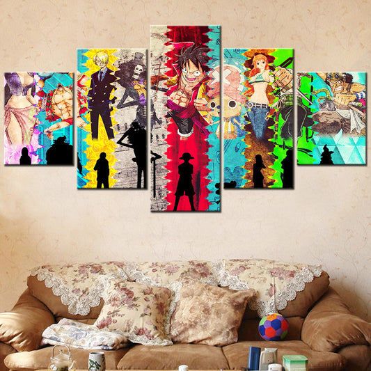One Piece Canvas Wall Art - Luffy Zoro Sanji Straw Hat Crew 5 Piece Split Panel Anime Poster - Framed Ready to Hang Living Room & Man Cave Decor - OP5140