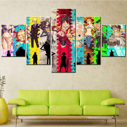 One Piece Canvas Wall Art - Luffy Zoro Sanji Straw Hat Crew 5 Piece Split Panel Anime Poster - Framed Ready to Hang Living Room & Man Cave Decor - OP5140