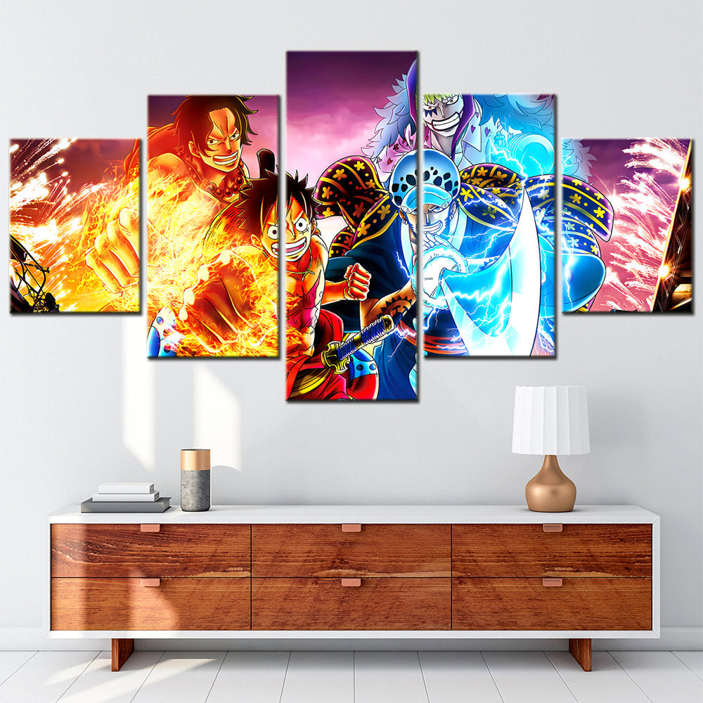 One Piece Canvas Wall Art - Luffy Law Ace Bartolomeo 5 Piece Split Panel Anime Poster - Framed Ready to Hang Living Room & Man Cave Decor - OP5141