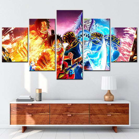 One Piece Canvas Wall Art - Luffy Law Ace Bartolomeo 5 Piece Split Panel Anime Poster - Framed Ready to Hang Living Room & Man Cave Decor - OP5141