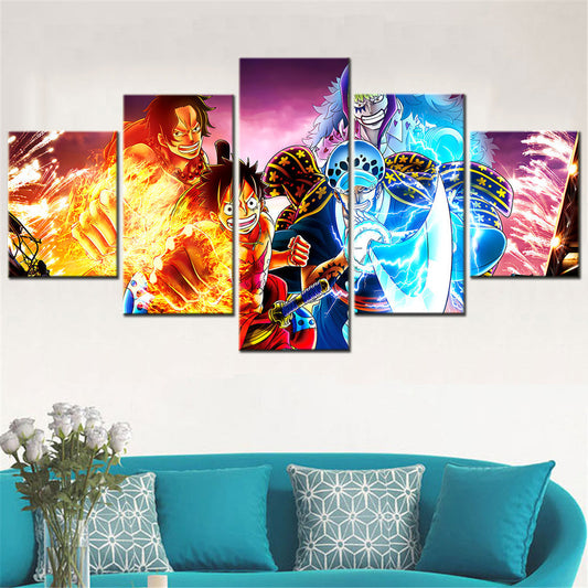 One Piece Canvas Wall Art - Luffy Law Ace Bartolomeo 5 Piece Split Panel Anime Poster - Framed Ready to Hang Living Room & Man Cave Decor - OP5141