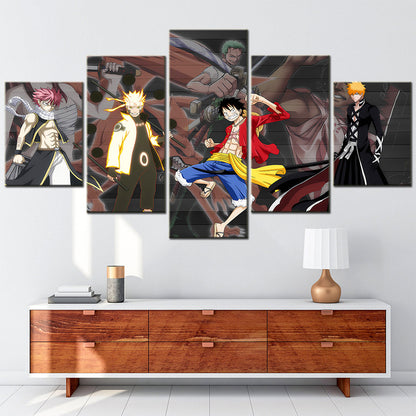 One Piece & Naruto Crossover Canvas Wall Art - Luffy, Zoro, Naruto, Kakashi 5 Piece Split Panel Anime Poster - Framed Ready to Hang Living Room & Man Cave Decor - OP5142