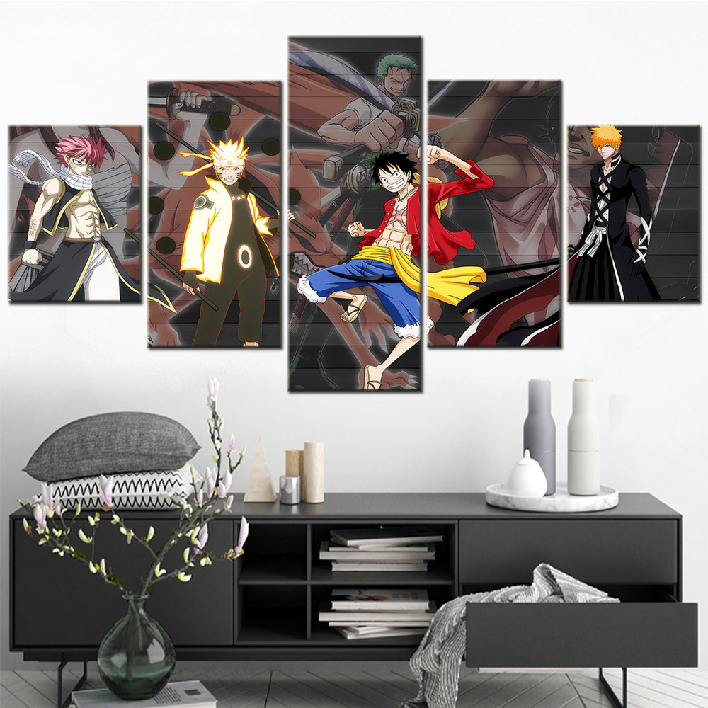 One Piece & Naruto Crossover Canvas Wall Art - Luffy, Zoro, Naruto, Kakashi 5 Piece Split Panel Anime Poster - Framed Ready to Hang Living Room & Man Cave Decor - OP5142