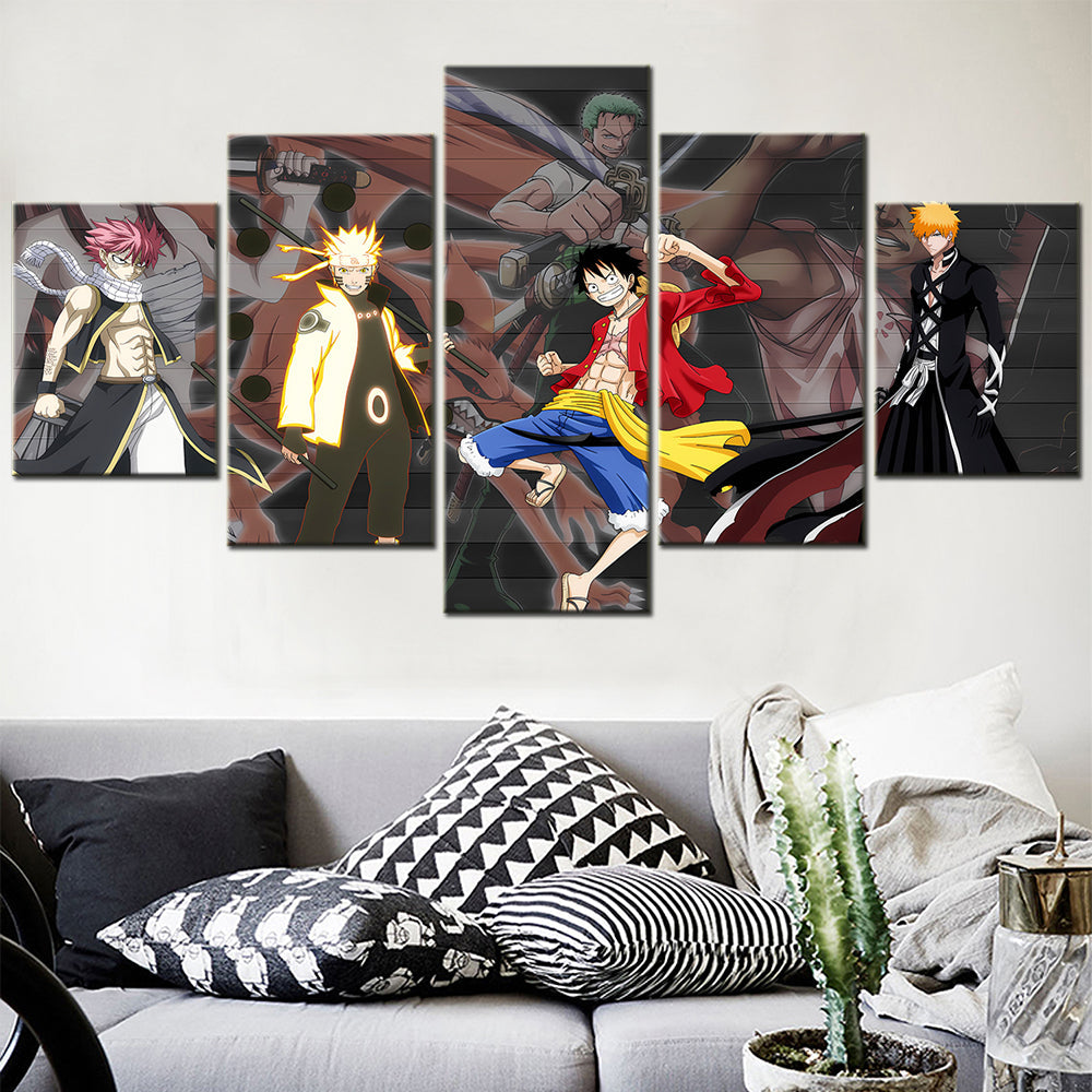 One Piece & Naruto Crossover Canvas Wall Art - Luffy, Zoro, Naruto, Kakashi 5 Piece Split Panel Anime Poster - Framed Ready to Hang Living Room & Man Cave Decor - OP5142