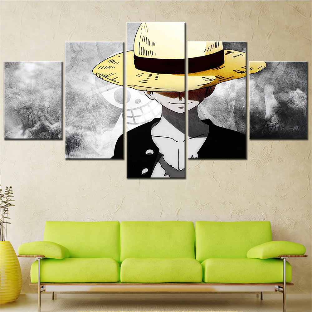 One Piece Canvas Wall Art - Monkey D. Luffy 5 Piece Split Panel Anime Poster - Framed Ready to Hang Living Room & Man Cave Decor - OP5143