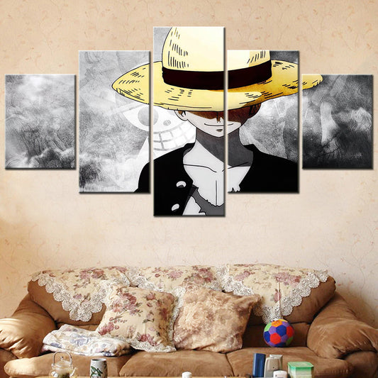 One Piece Canvas Wall Art - Monkey D. Luffy 5 Piece Split Panel Anime Poster - Framed Ready to Hang Living Room & Man Cave Decor - OP5143