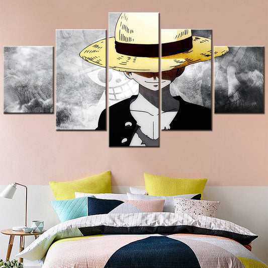 One Piece Canvas Wall Art - Monkey D. Luffy 5 Piece Split Panel Anime Poster - Framed Ready to Hang Living Room & Man Cave Decor - OP5143
