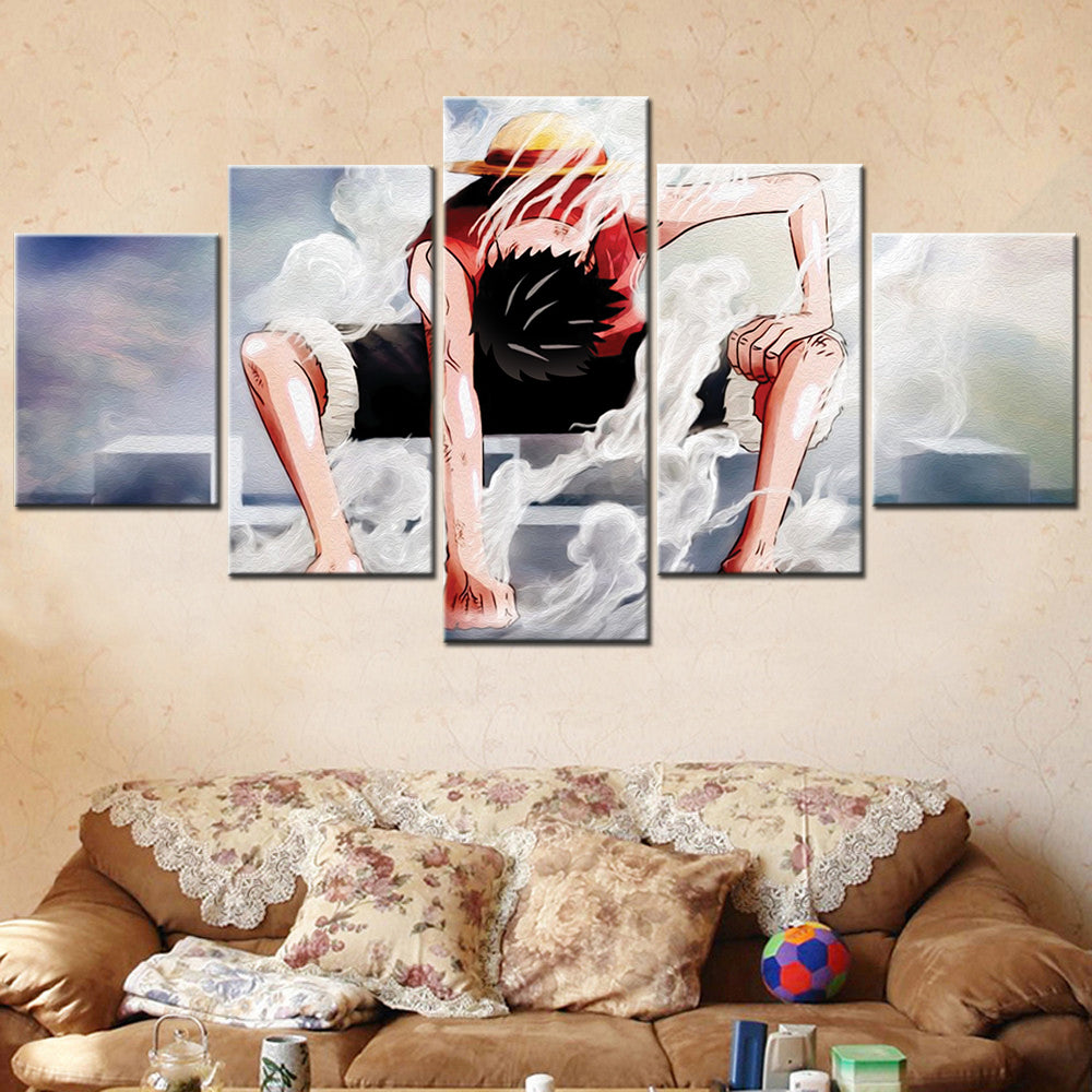 One Piece Canvas Wall Art - Gear Fourth Luffy Unleashed 5 Piece Split Panel Anime Poster - Framed Ready to Hang Living Room & Man Cave Decor - OP5144