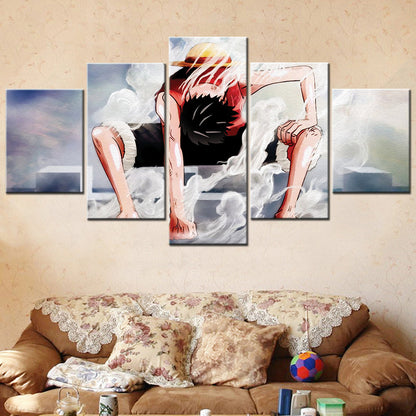 One Piece Canvas Wall Art - Gear Fourth Luffy Unleashed 5 Piece Split Panel Anime Poster - Framed Ready to Hang Living Room & Man Cave Decor - OP5144