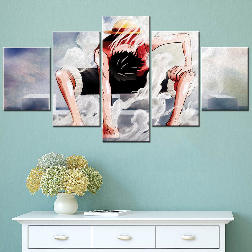 One Piece Canvas Wall Art - Gear Fourth Luffy Unleashed 5 Piece Split Panel Anime Poster - Framed Ready to Hang Living Room & Man Cave Decor - OP5144