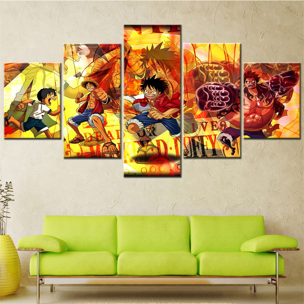 One Piece Canvas Wall Art - Gear Fourth Luffy Unleashed 5 Piece Split Panel Anime Poster - Framed Ready to Hang Living Room & Man Cave Decor - OP5145