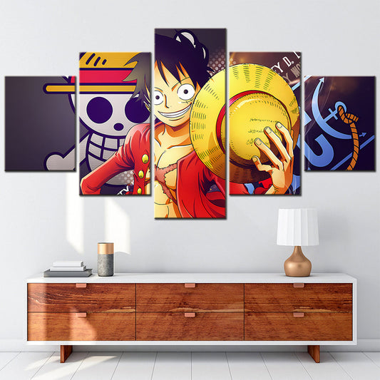 One Piece Canvas Wall Art - Monkey D. Luffy 5 Piece Split Panel Anime Poster - Framed Ready to Hang Living Room & Man Cave Decor - OP5146