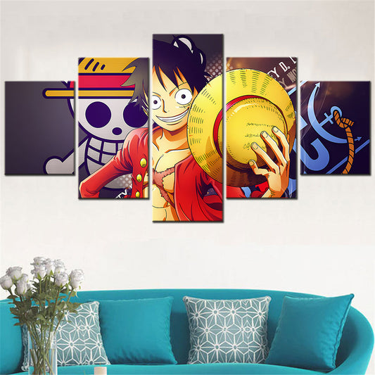 One Piece Canvas Wall Art - Monkey D. Luffy 5 Piece Split Panel Anime Poster - Framed Ready to Hang Living Room & Man Cave Decor - OP5146